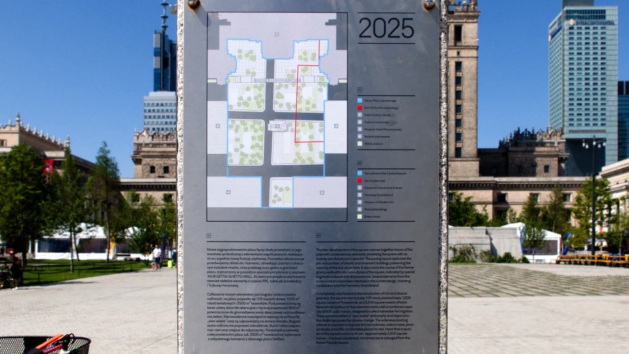 Słup z planem Placu Centralnego – stan na 2025 rok.