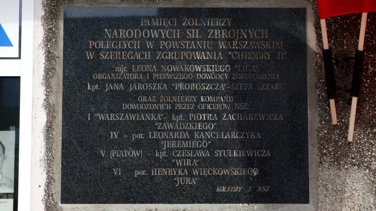 Zbliżenie tablicy na budynku Twarda 64. Informacja o żołnierzach Narodowych Sił Zbrojnych walczących w Powstaniu.